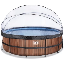 EXIT TOYS EXIT Frame Pool ø488x122cm (12v Sandfilter) – Holz Optik + Sonnendach + Wärmepumpe