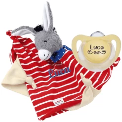 Schnullireich Geschenkset Käthe Kruse Schmusetuch Mit Namen Esel + NUK Namensschnuller (0-6 Mon) Rot